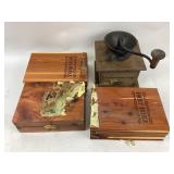 Wooden Coffee Grinder and Three Holy Bibles in Cas