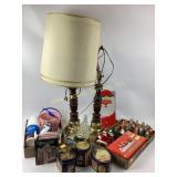 Assorted holiday decor and table lamp