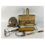 Woven basket, rolling pins, colander with