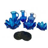 Crackle blue glass pitchers, cobalt blue 8 finger