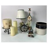 Crock.  Birdhouse lamp and decorative item.
