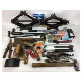 Jacks, hammers, wrenches, spackling tools, drill