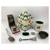 potato cutter, birdhouse cookie jar, coin purse,