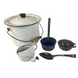 Granite enamel ladle, spoon and cup, white enamel