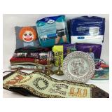 Brass candlestick holders, decorative plate,