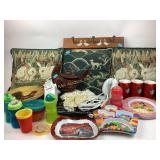 Bunny throw pillows, chicken decorative plates,