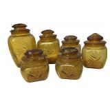 L.E. Smith Amber Glass canisters in Sand Scroll -