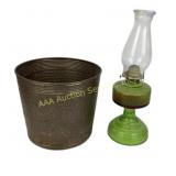 Painted green oil lamp, decorative metal planter