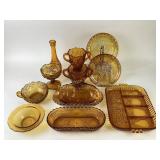 Amber glass:  compote, assorted relish dishes,