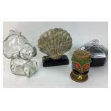 Snoopy glass bank, soap stone shell book end,