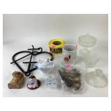 Milk glass hen on basket, marbles,