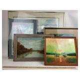 (5) framed wall art prints - watercolor, oil