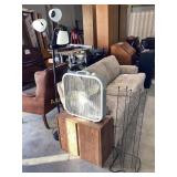 Two Door Storage Cabinet, Box Fan (works), Three