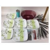 Tongs, corkscrew, can opener, corelle plate set,