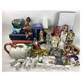 Christmas decor, clown statue, cookbooks,