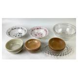 Serving bowls, wooden bowls, Fostoria platter,