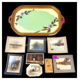 Antique photographs, vintage hand painted tray