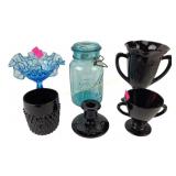 Blue Fenton thumbprint compote, blue ball ideal