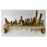 Handmade tool storage w/tools-mostly screwdrivers