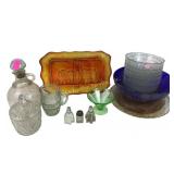 Uranium glass parfait dish, iridescent decanter,