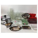 Silver plate, cups, bowls, cake plate, casserole