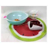 Pyrex mixing bowl, (2) Pyrex mugs, red wing