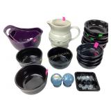 Longaberger pitcher, Fiesta black bowls,