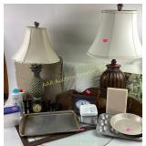 Table lamps, lamp shades, baking pans, pillows,