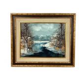 Framed Oil on Canvas snowscape, signed 19x16