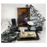 Wood carved tree clock, extension cords, metal