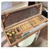 Wood Table and 4 Stools in Wood Box. The Box is