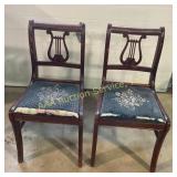 Wood Harp Back Dining Room Chairs (2) Upholstered