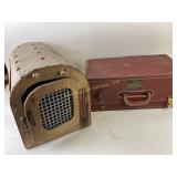 Wooden Pet Carrier And Red Leather Suitcase