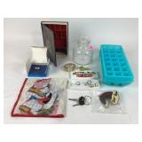 Green glass stopper, Avon earring set, faux book