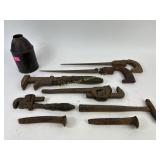 (2) railroad spikes, wrenches, hand saws and more