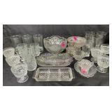 Cut glass bowl, drinking glasses, Fostoria sugar