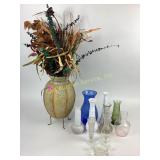 Metal urn, cobalt blue vase, assorted other vases
