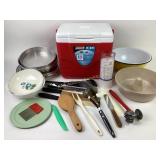 Enameled bowl, baking pans, cooking utensils