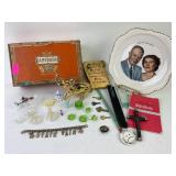 Amerada cigar box w/ religious items; animal &