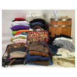 Vera Bradley bag, bedsheets, Wood barrel,