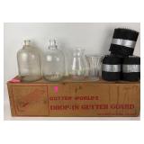 (2) one gallon glass jugs, glass vases, gutter