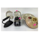 Sad iron, Glass horse bookends, Brownie Hawkeye