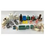 Doll furniture, pots and pans, rugs