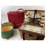 Picnic basket with table setting, luggage, Hat