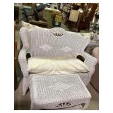 Wicker love seat and coffee table, some chipped