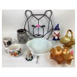 Carnival glass bowl, Starbucks mug, Chicago Cubs