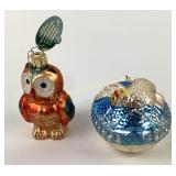 (2) blown glass owl Christmas ornaments
