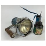 Railroad lantern, Van Camp oil can & other oil