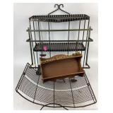Metal shelf, some dents, wooden spice rack, log