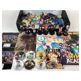 Variety of anime pins, figures, stickers, books